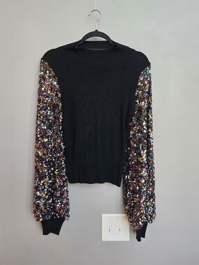 On Twelfth Sequin Sleeve Mock Neck Sweater Black Multi Color Party Top Small S